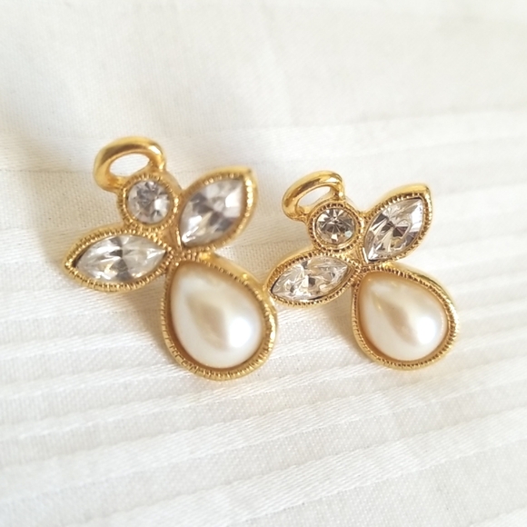 Boucles D'oreilles Anciennes Or 18K Platine - Perle Naturelle Et Strass Motif Floral - Occasion